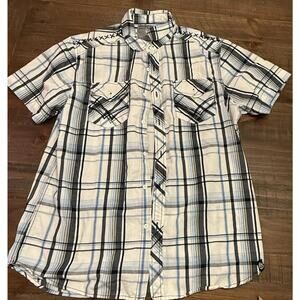 Surplus Plaid Western Shirt Mens Large Blue Black White Short Sleeve Embroidered